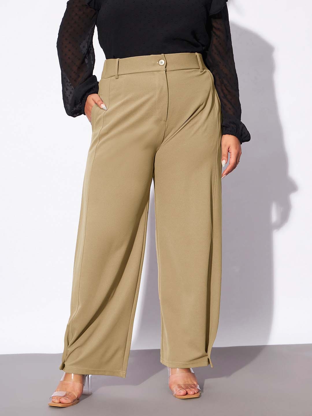 

SASSAFRAS Curve Women Plus Size Straight Fit Parallel Trousers, Beige