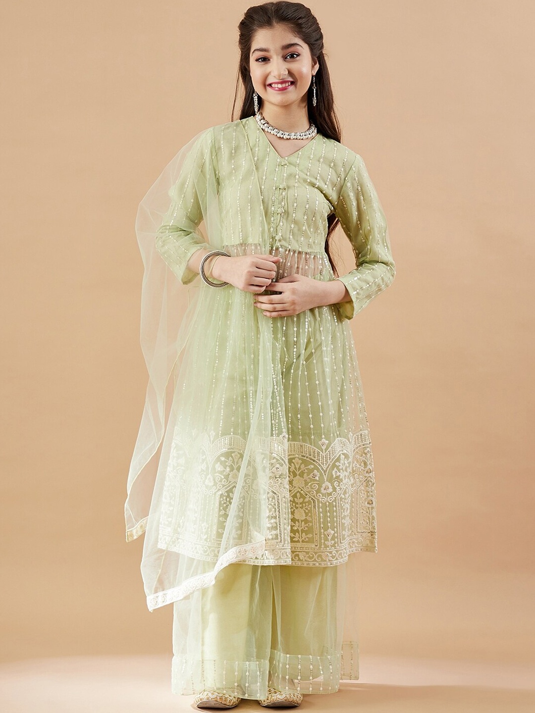 

Cherry & Jerry Girls Ethnic Motifs Embroidered Sequinned Kurta with Sharara & Dupatta, Green