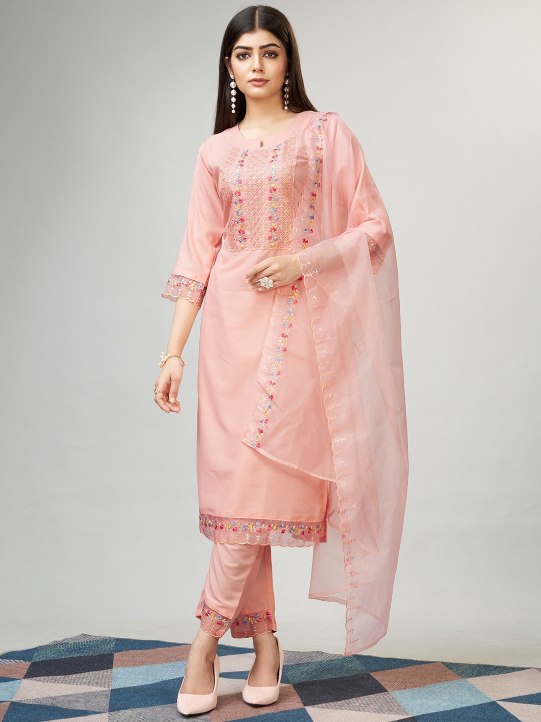 

CaniBani Ethnic Motifs Yoke Design Regular Thread Work Kurta with Trousers & Dupatta, Peach