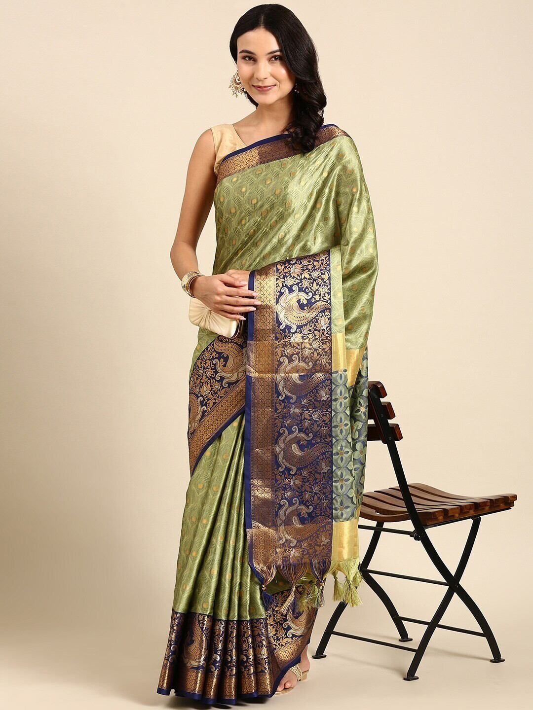

U S Retail Ethnic Motifs Woven Design Zari Silk Cotton Jacquard Banarasi Saree, Olive
