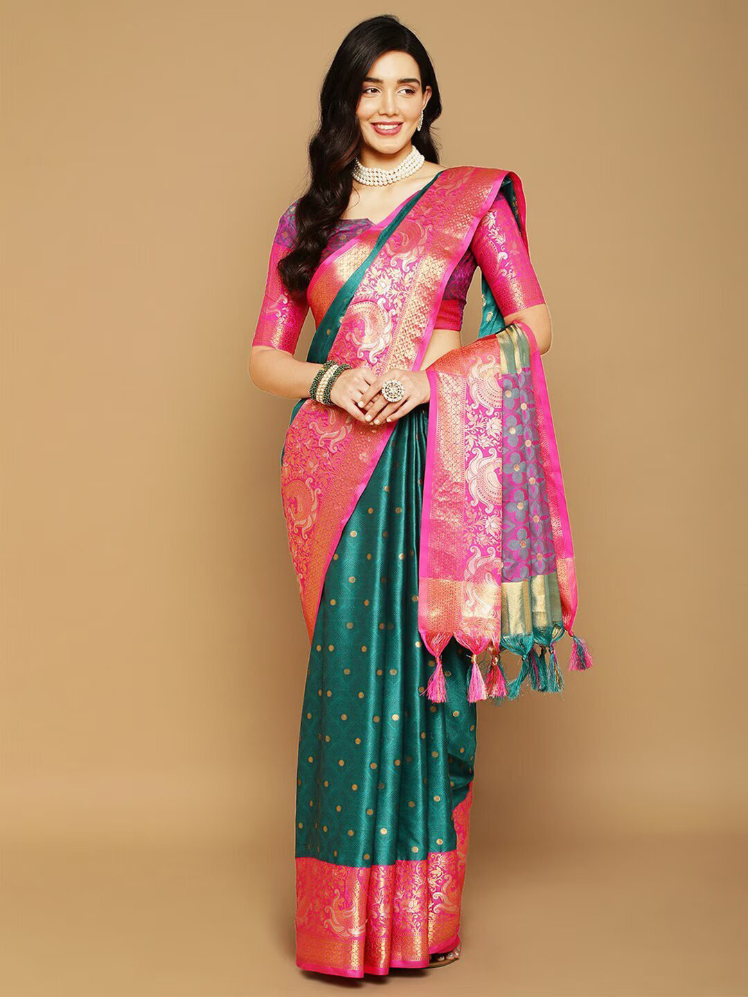 

U S Retail Ethnic Motifs Woven Design Zari Silk Cotton Jacquard Banarasi Saree, Green