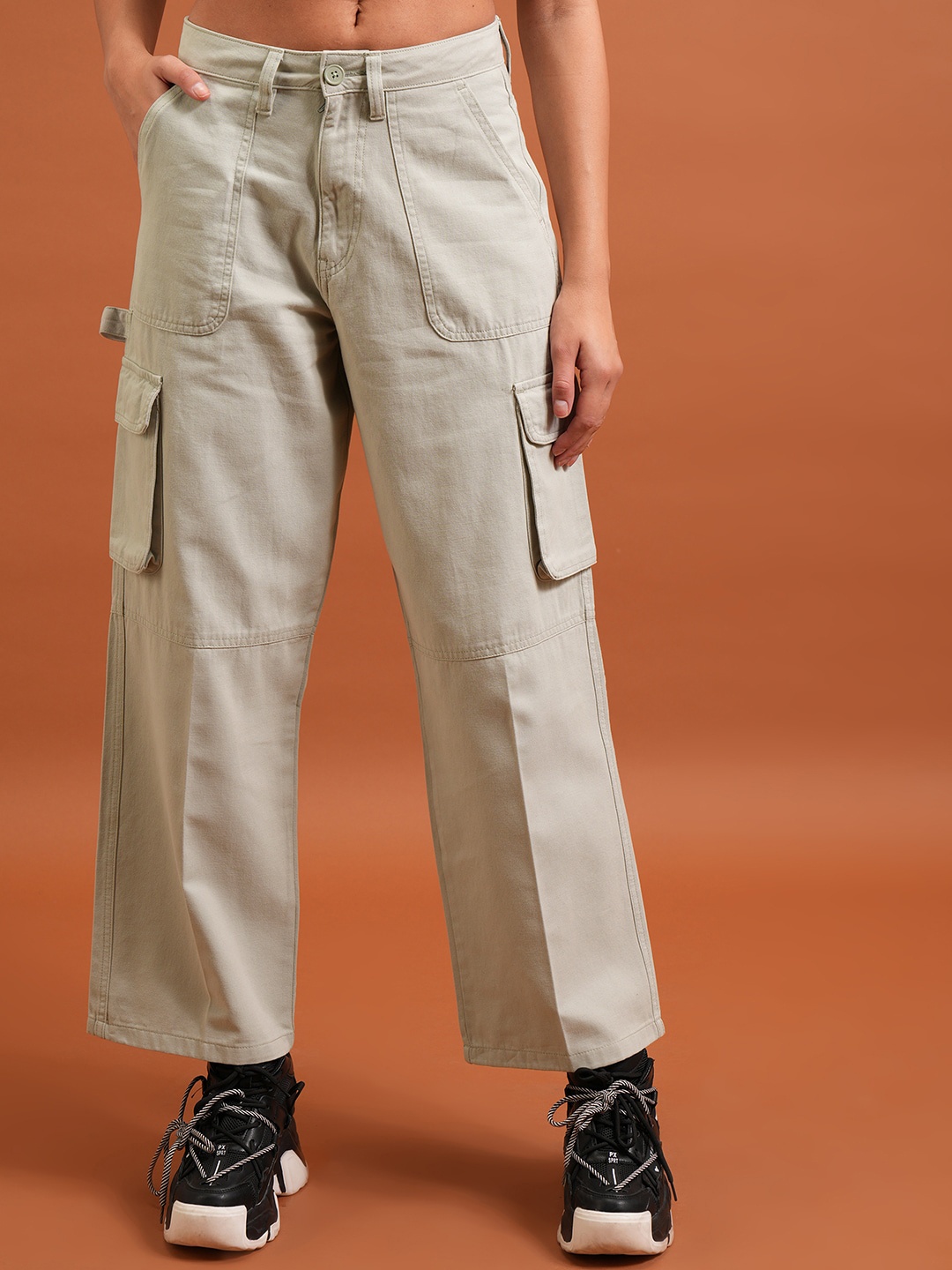 

Tokyo Talkies Beige Women Mid-Rise Cotton Flared Cargos