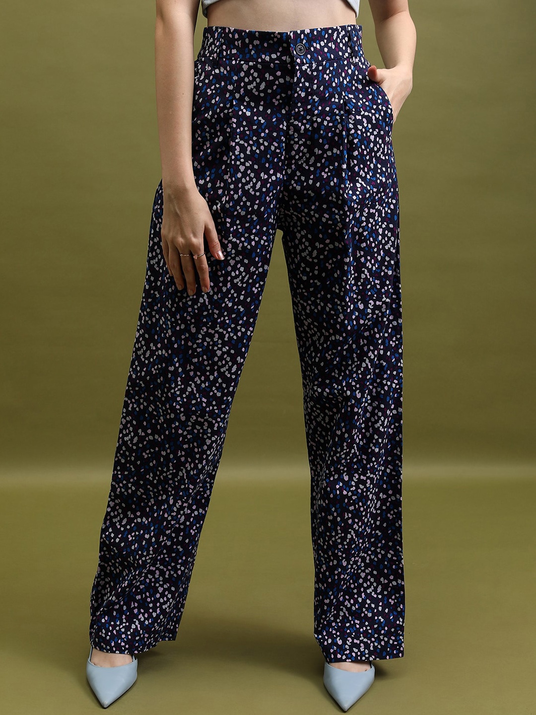 

Tokyo Talkies Women Floral Printed Cotton Flared Pleated Trousers, Navy blue