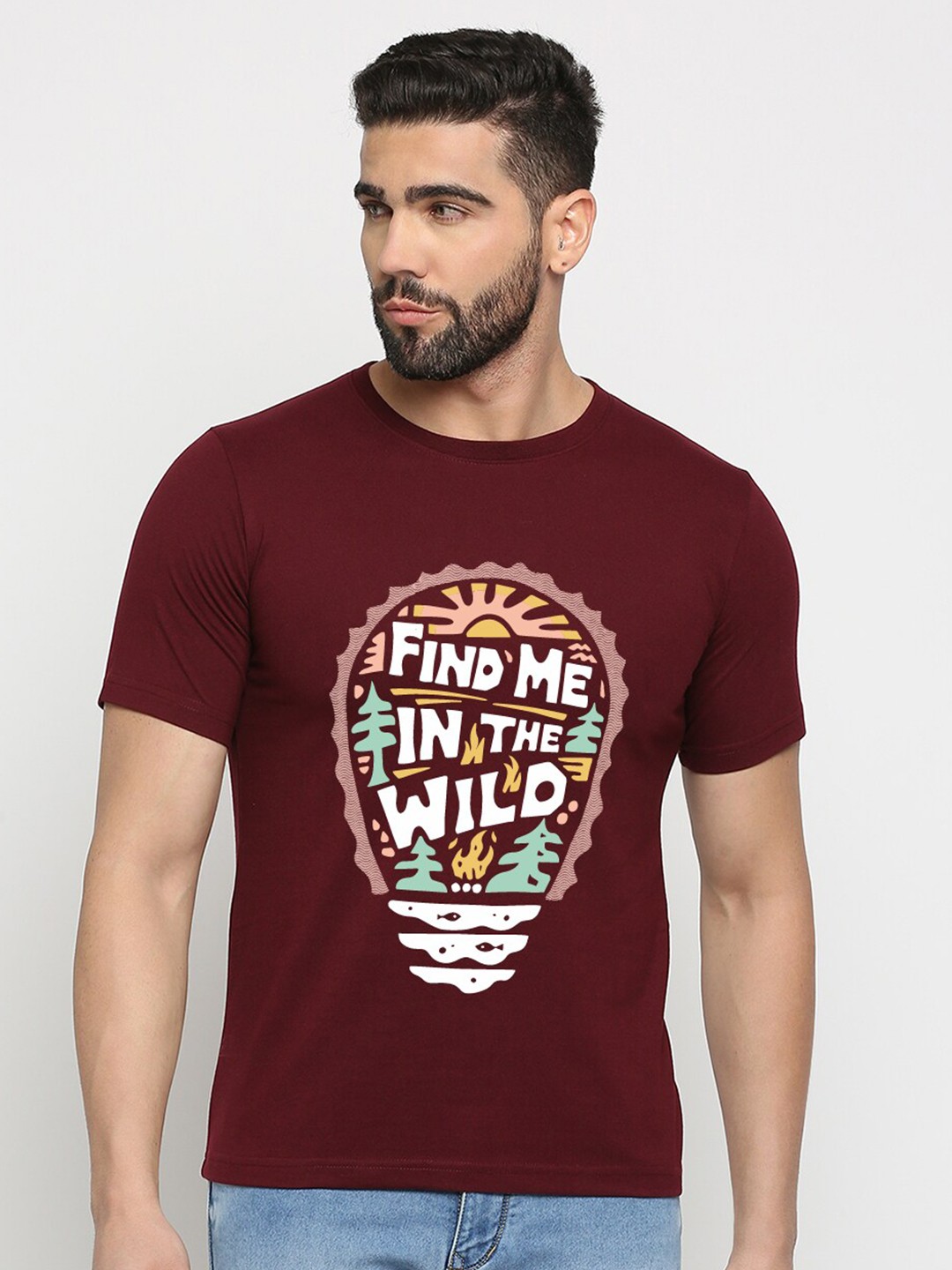 

MOD ECRU Unisex Find Me In The Wild Printed Round Neck Cotton T-shirt, Maroon
