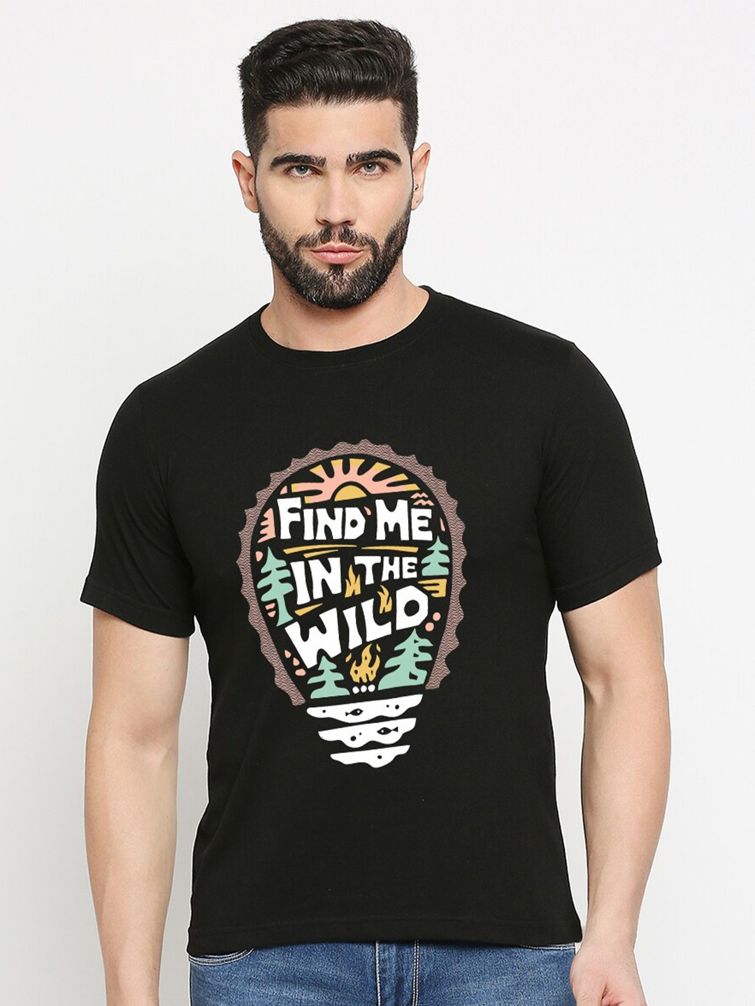 

MOD ECRU Unisex Find Me In The Wild Printed Round Neck Cotton T-shirt, Black