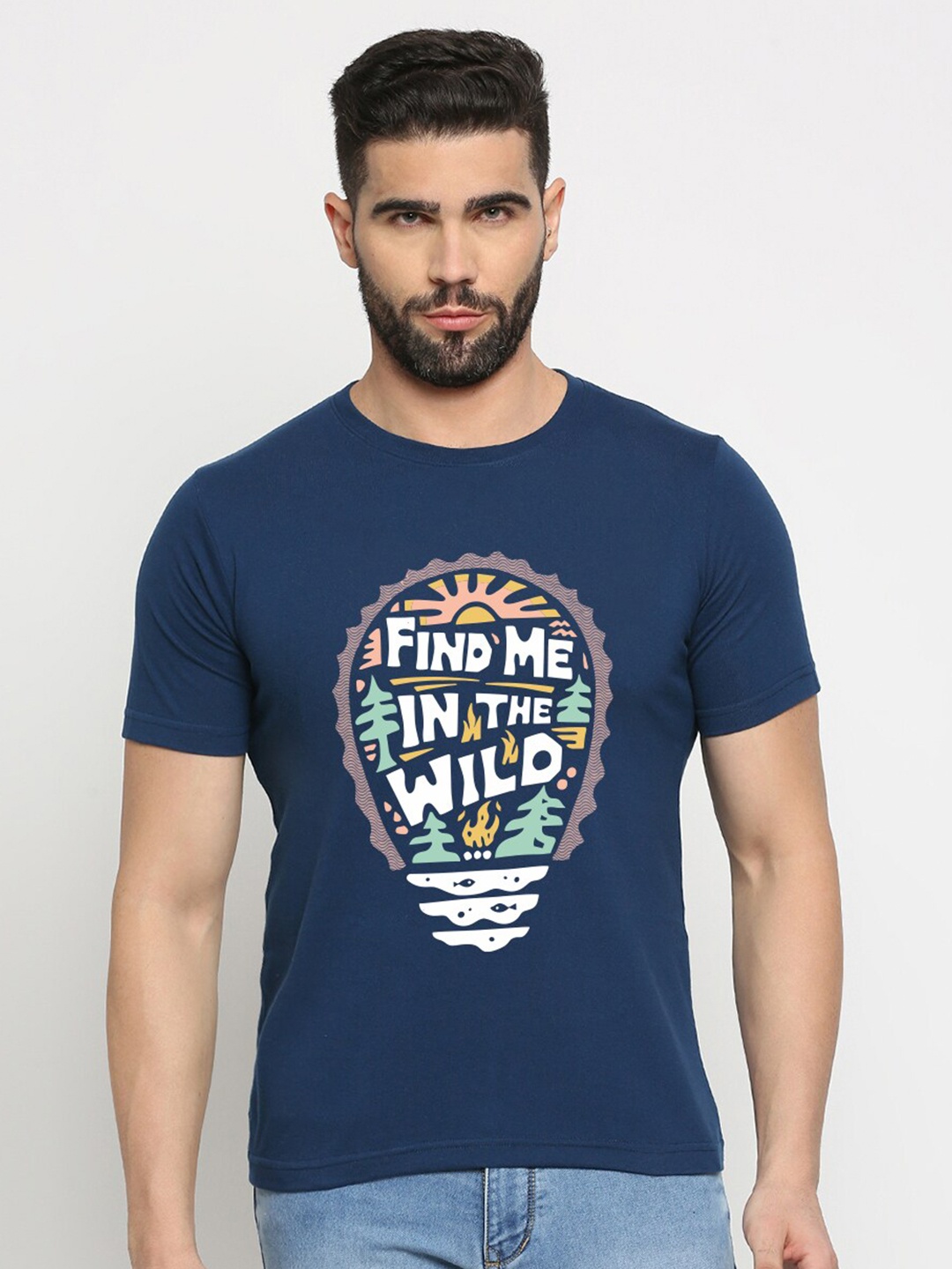 

MOD ECRU Unisex Find Me In The Wild Printed Round Neck Cotton T-shirt, Blue