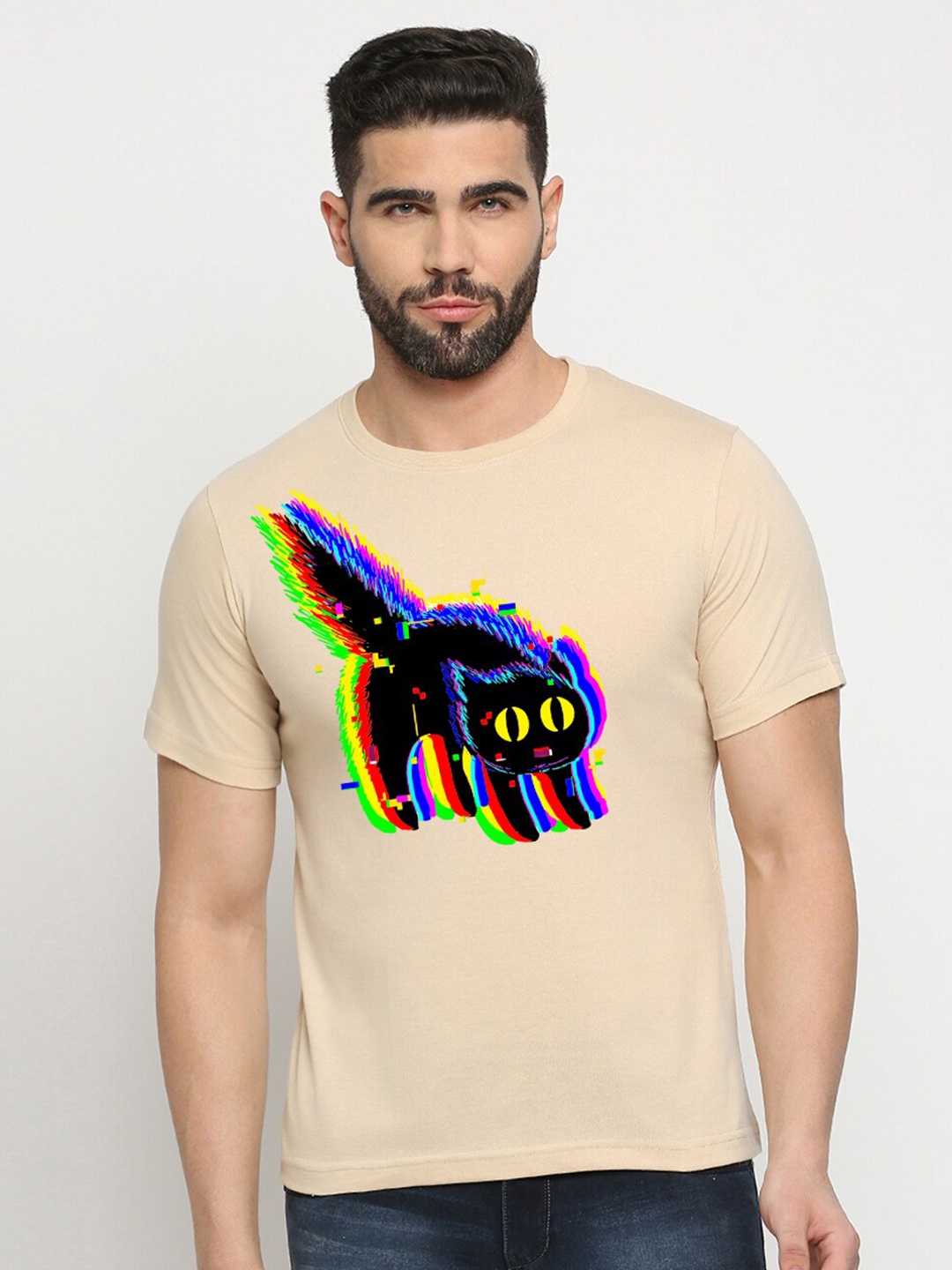 

MOD ECRU Unisex Technicat Glitch Printed Round Neck Cotton T-shirt, Cream