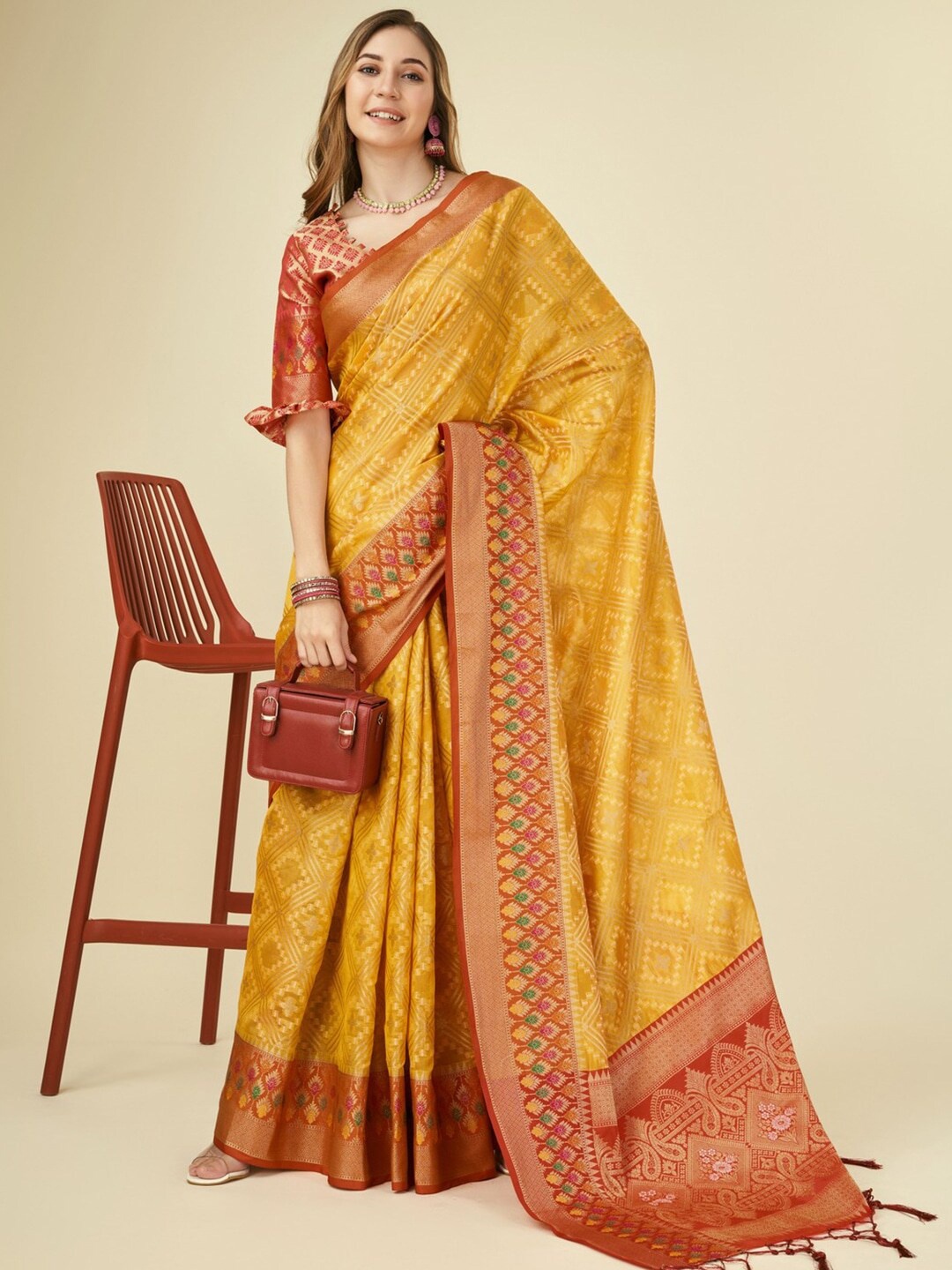 

Mitera Ethnic Motifs Woven Design Zari Banarasi Saree, Yellow