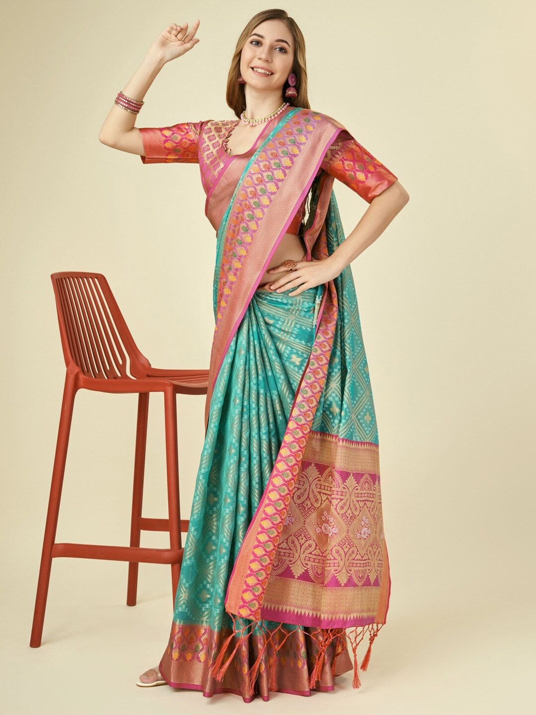 

Mitera Blue Ethnic Motifs Woven Design Zari Organza Banarasi Saree
