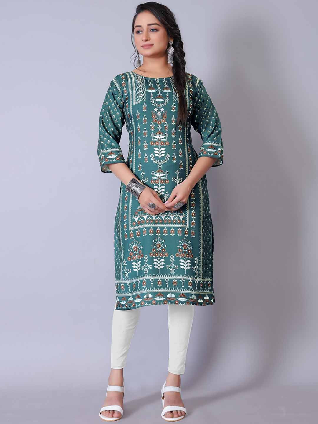 

HETSA Ethnic Motifs Digital Printed Boat Neck Kurta, Green