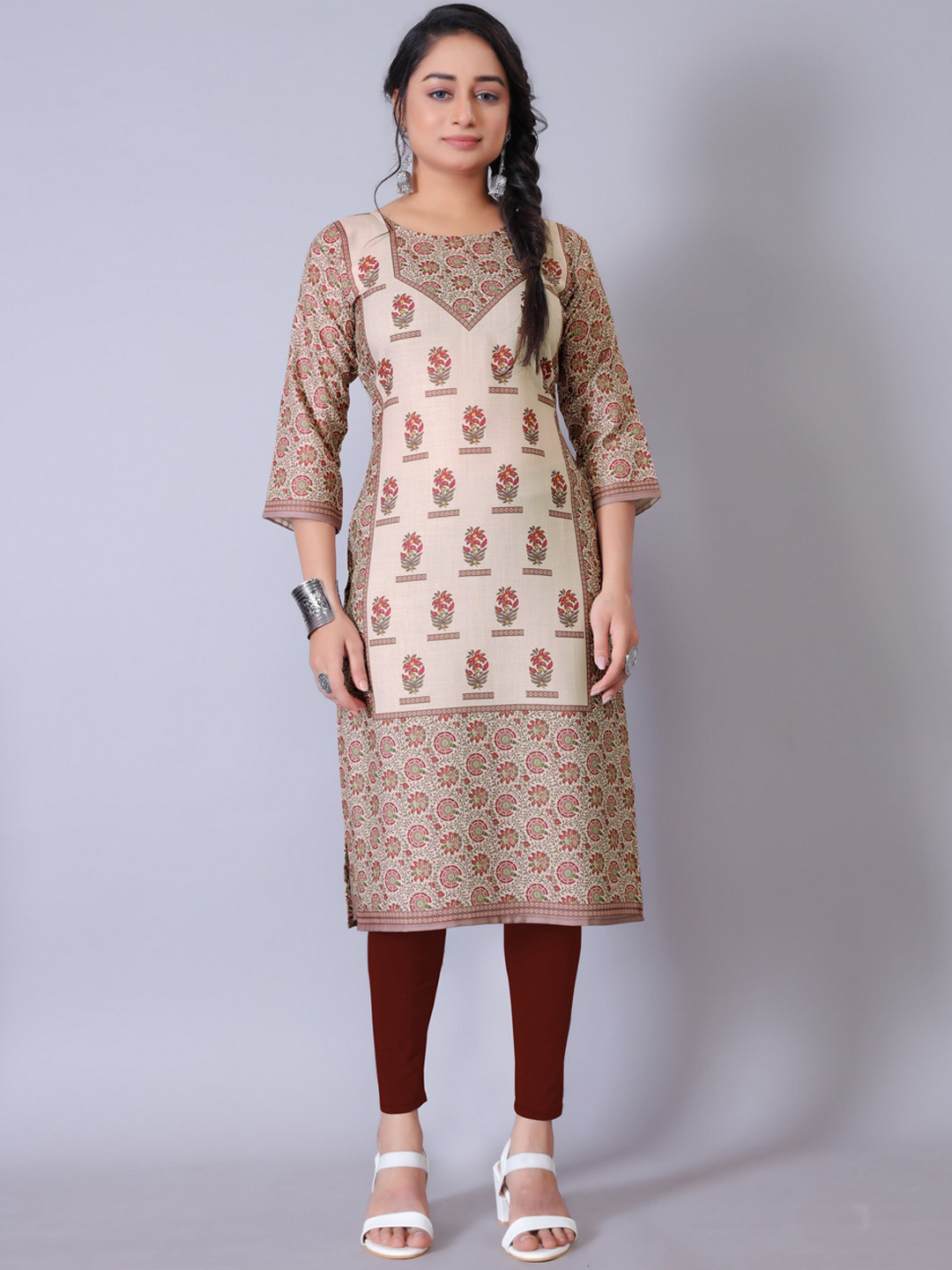 

HETSA Ethnic Motifs Printed Straight Kurta, Beige