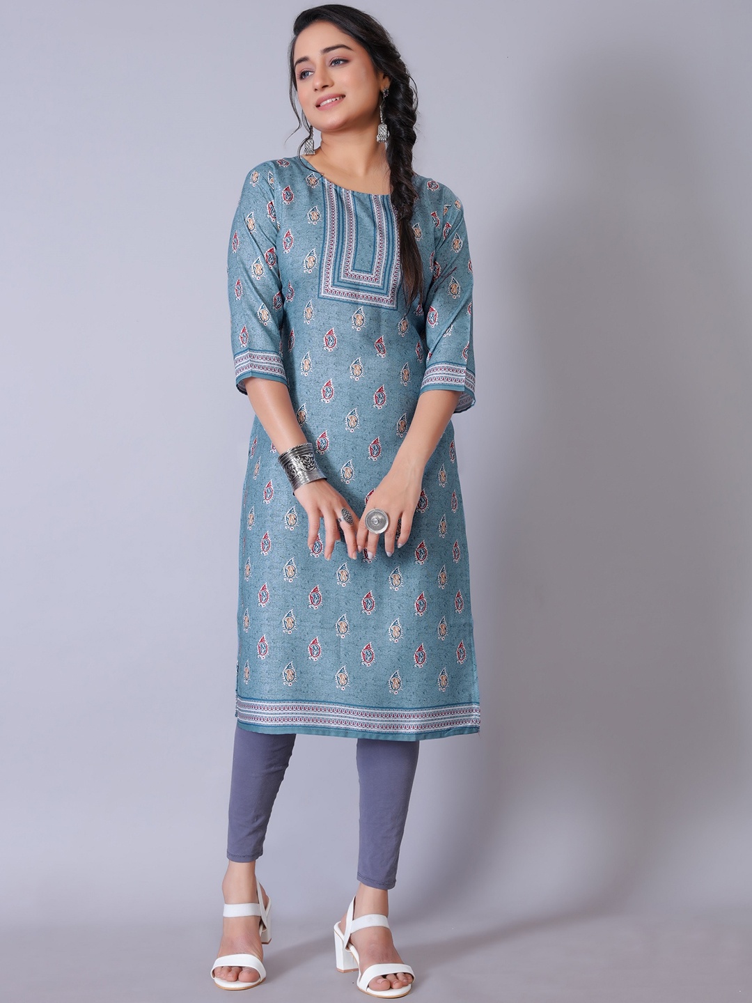 

HETSA Ethnic Motifs Printed Straight Kurta, Blue