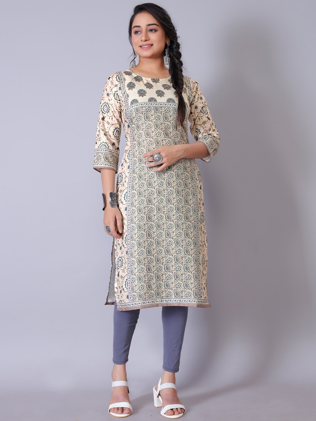 

HETSA Ethnic Motifs Printed Boat Neck Kurta, Beige