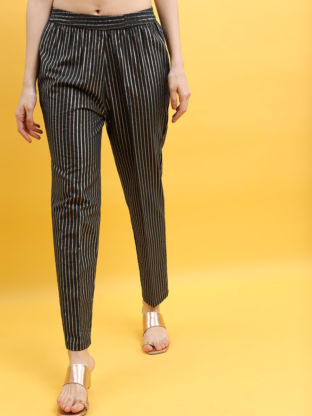 

Vishudh Women Striped Slim Fit Cotton Trousers, Maroon