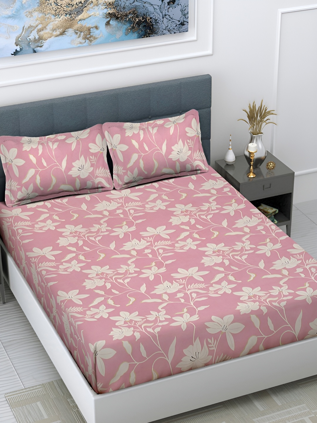 

FABINALIV Pink & White Floral Printed 300 TC Flat Super King Bedsheet with 2 Pillow Covers