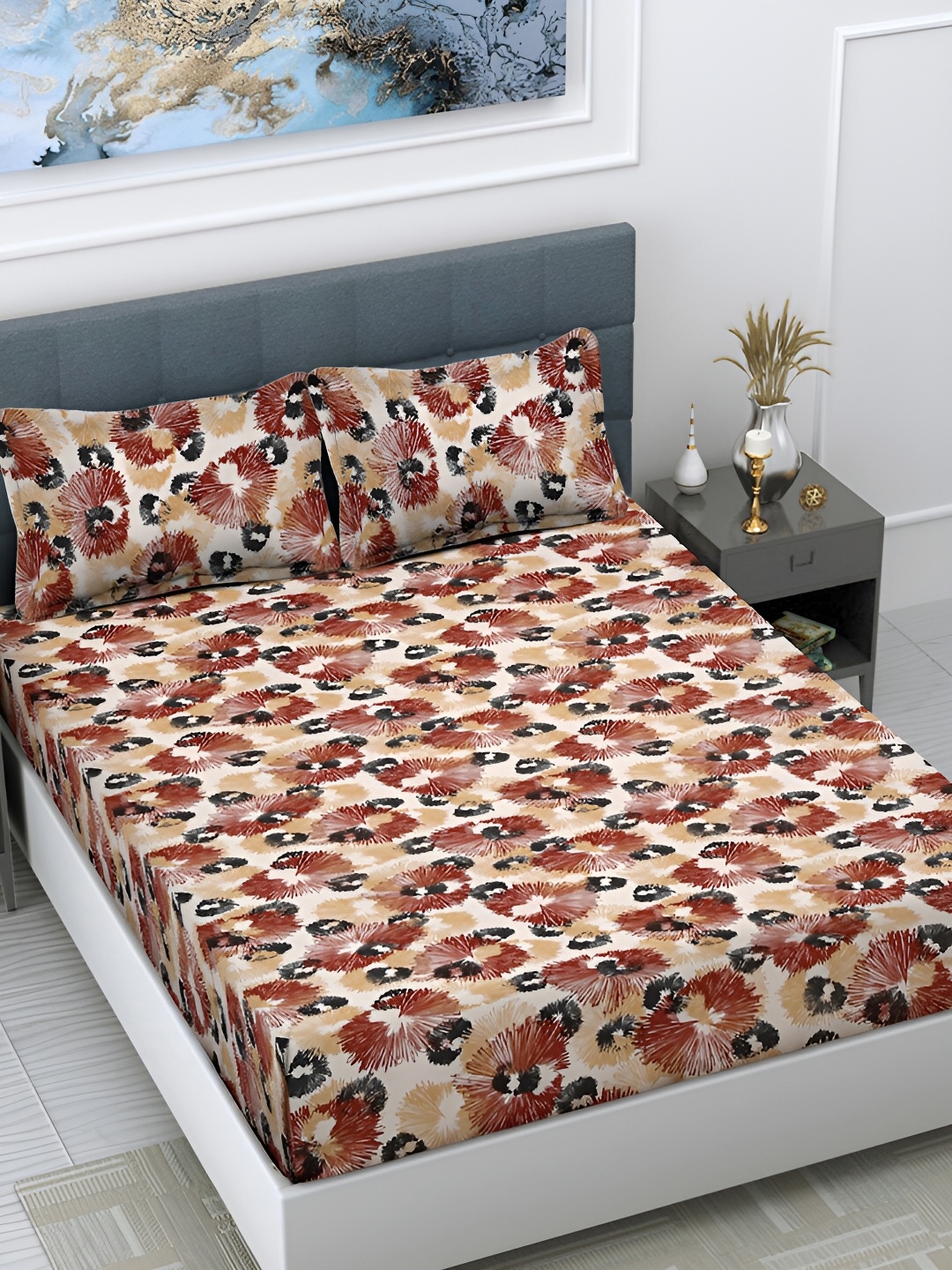 

FABINALIV Red & Beige Floral Print 300 TC Super King Size Bedsheet & 2 Pillow Covers