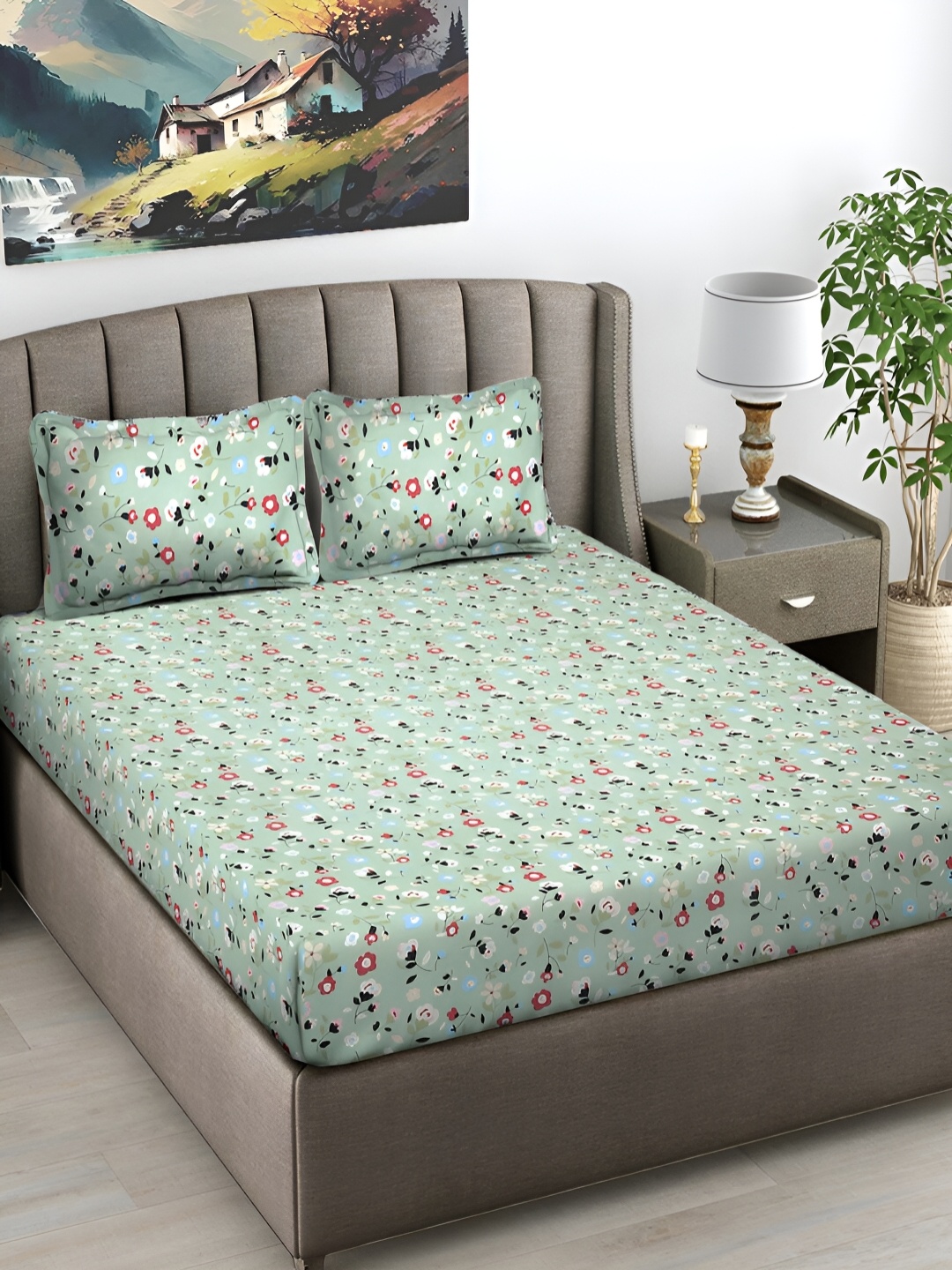 

FABINALIV Green & Red Floral Print 300 TC Super King Size Bedsheet with 2 Pillow Covers