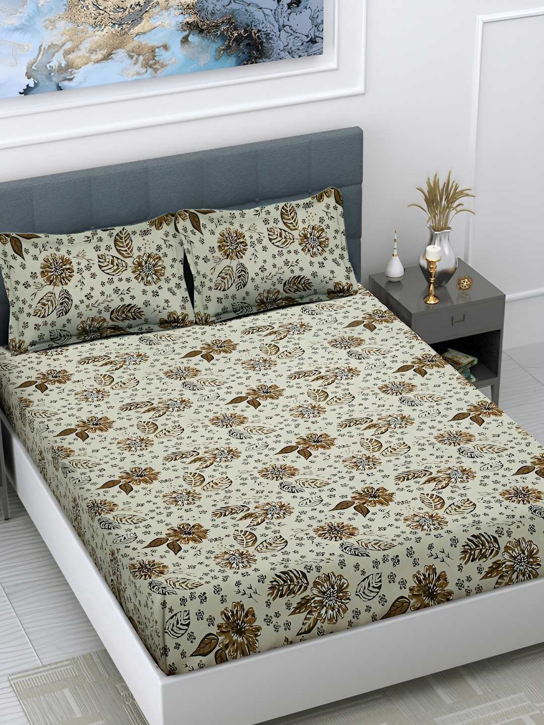 

FABINALIV Beige & Brown Floral Print 300 TC Super King Size Bedsheet with 2 Pillow Covers