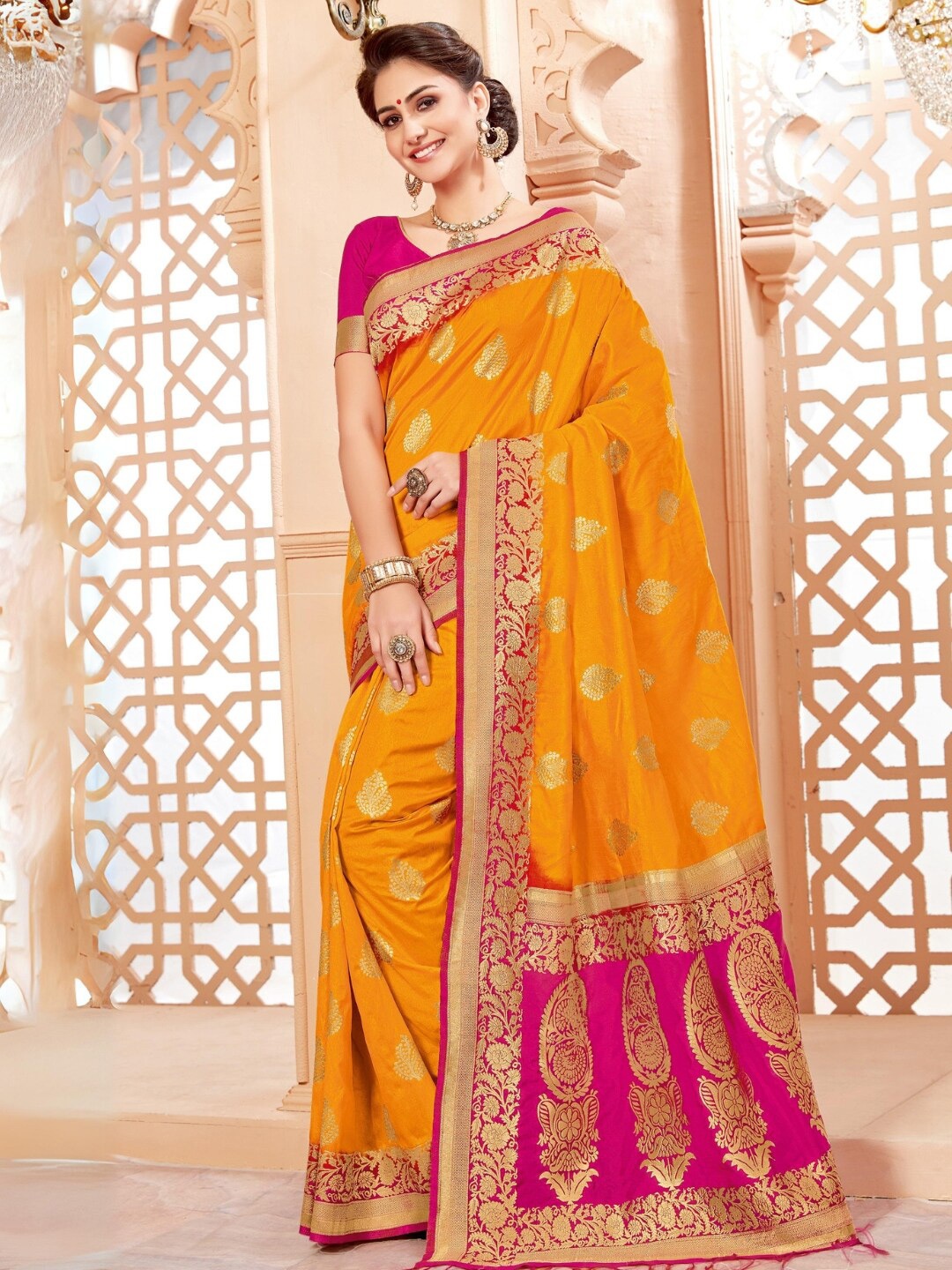 

Mitera Yellow Ethnic Motifs Woven Design Zari Banarasi Saree