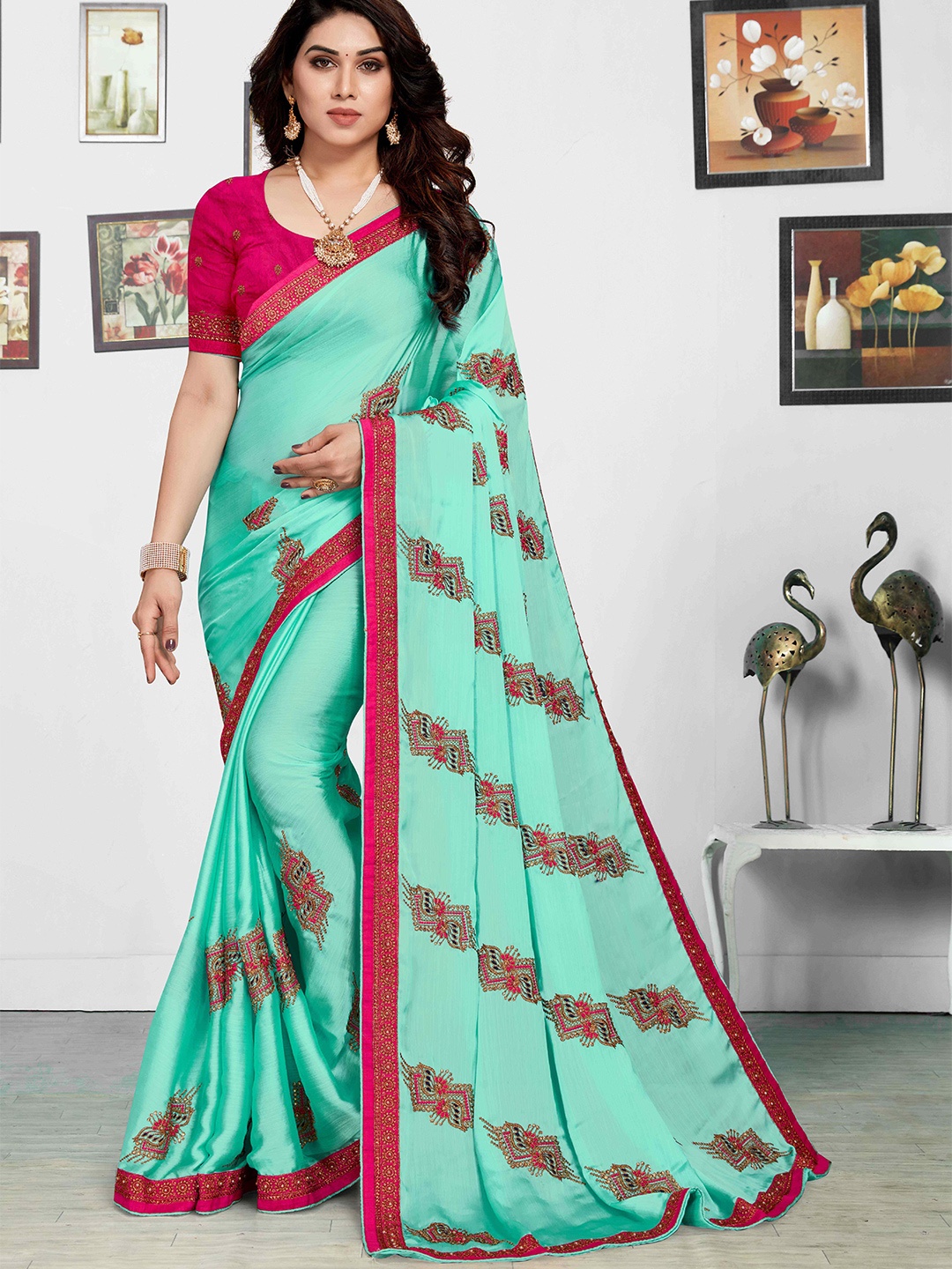 

Mitera Blue Ethnic Motifs Embroidered Beads and Stones Saree