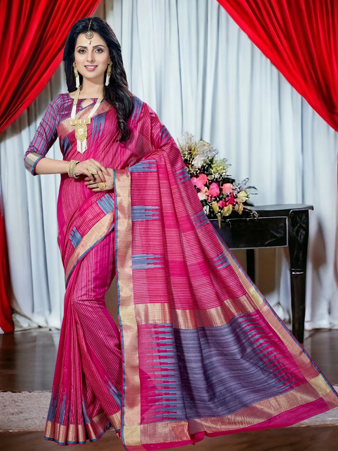 

Mitera Pink Striped Zari Kanjeevaram Saree
