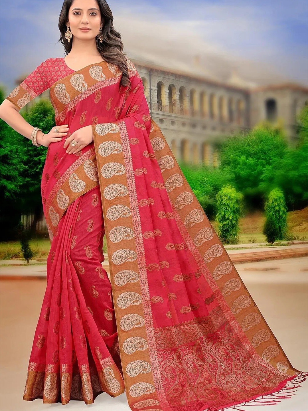 

Mitera Red Ethnic Motifs Woven Design Zari Pure Cotton Chanderi Saree