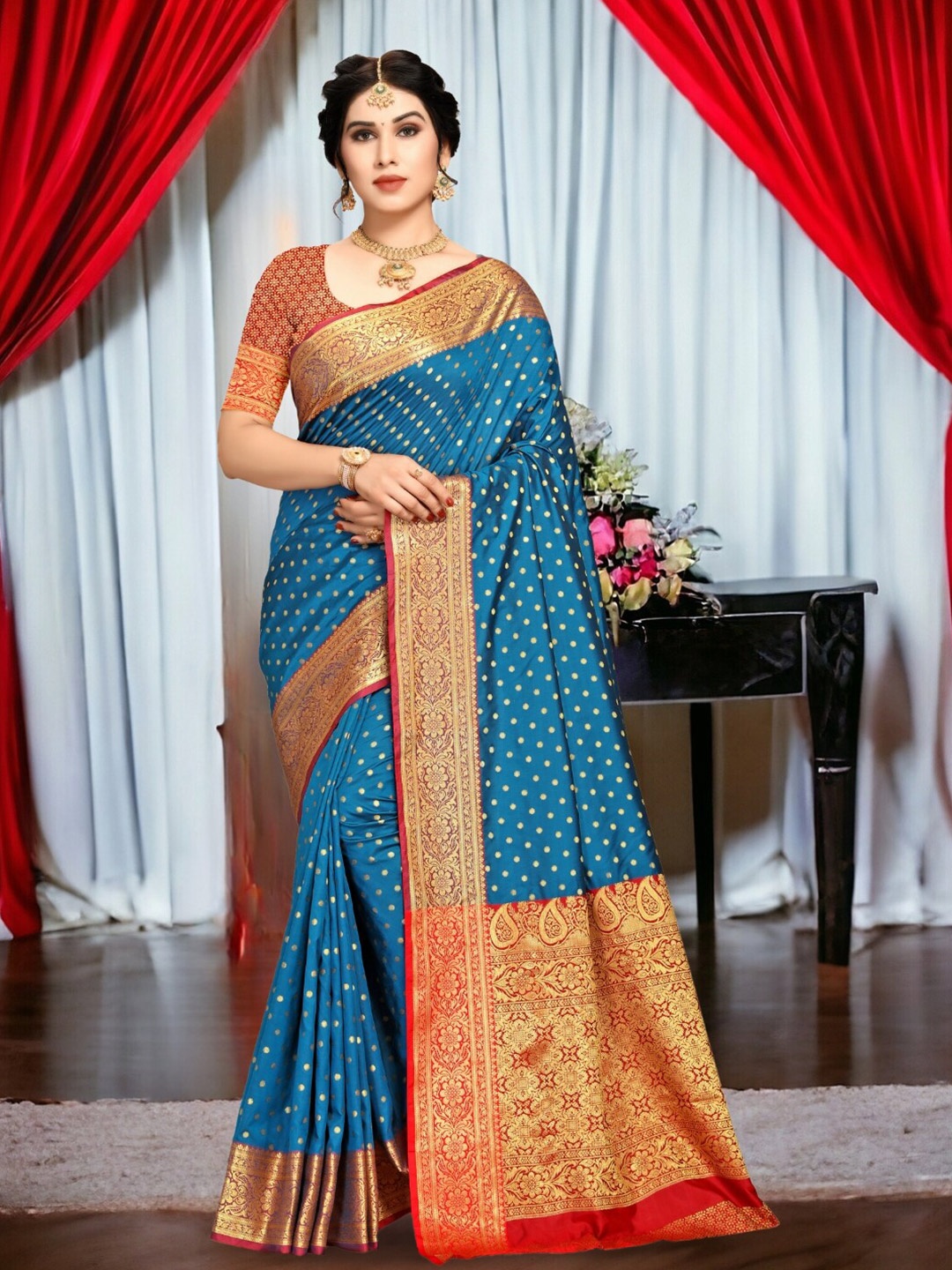 

Mitera Turquoise Blue Polka Dot Woven Design Zari Banarasi Saree
