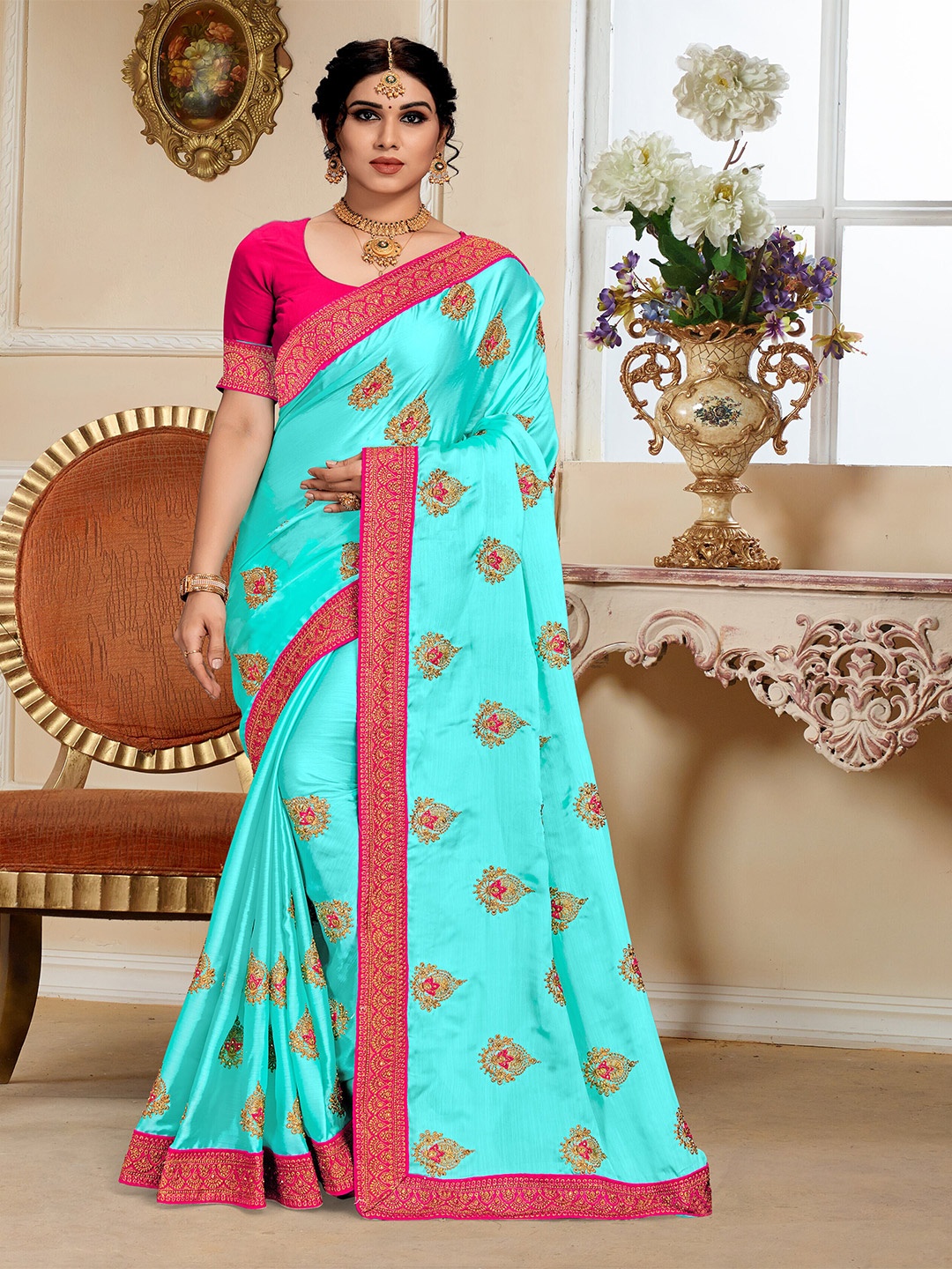 

Mitera Blue Ethnic Motifs Embroidered Beads and Stones Saree