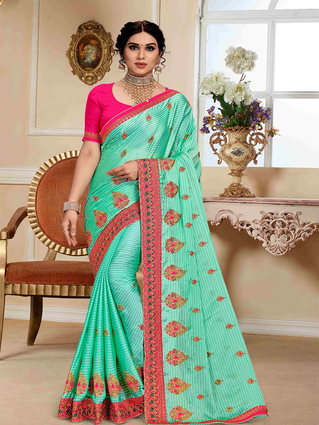 

Mitera Ethnic Motifs Embroidered Saree, Turquoise blue