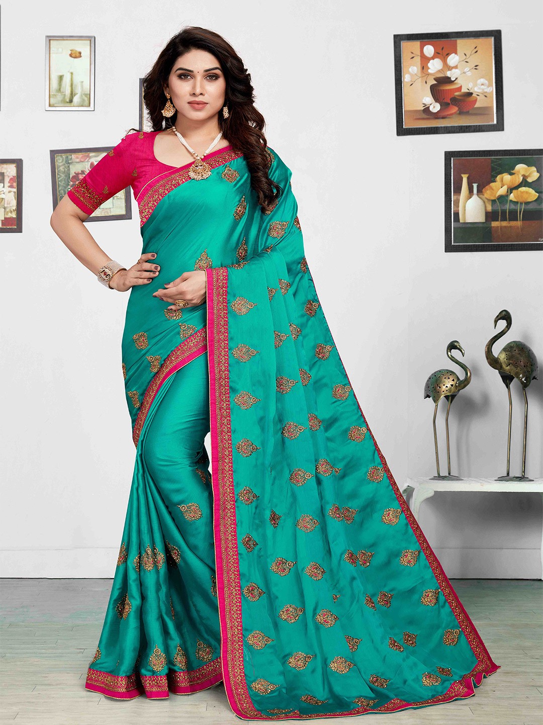 

Mitera Ethnic Motifs Embroidered Saree, Teal