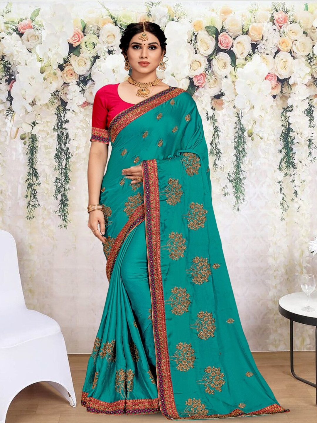 

Mitera Floral Embroidered Saree, Teal