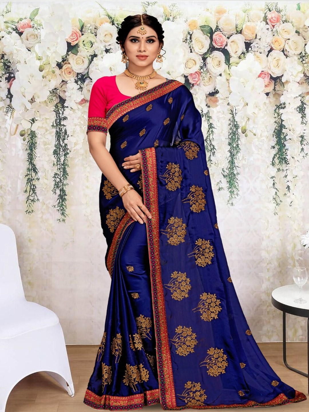 

Mitera Floral Embroidered Saree, Navy blue