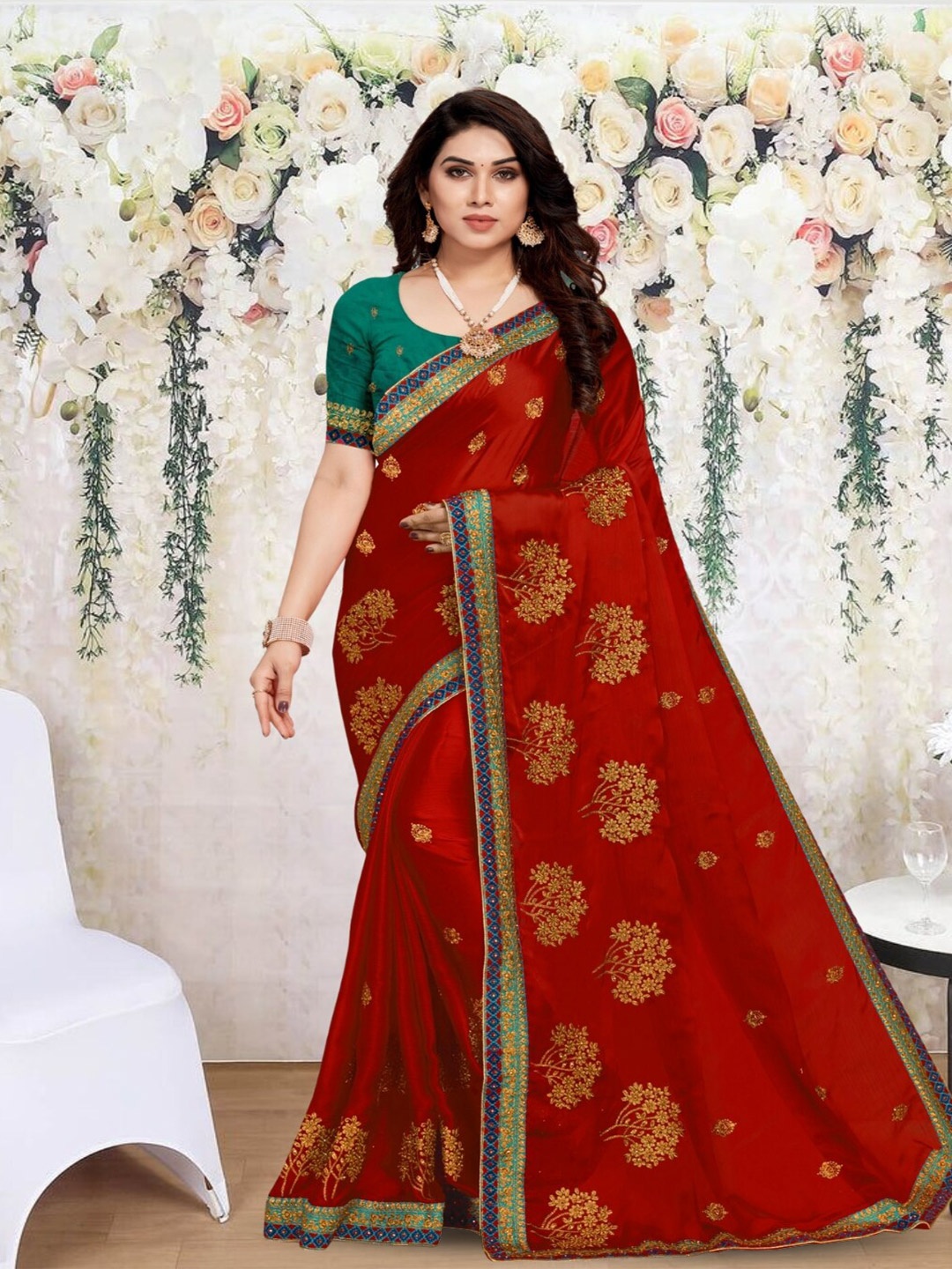 

Mitera Floral Embroidered Saree, Maroon