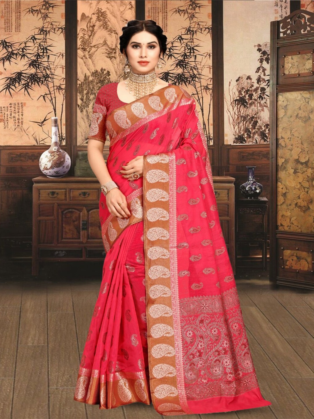 

Mitera Pink Ethnic Motifs Woven Design Zari Pure Cotton Chanderi Saree