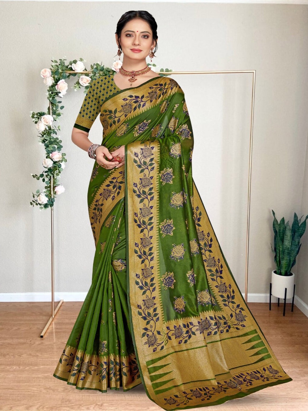 

Mitera Green Ethnic Motifs Woven Design Zari Organza Banarasi Saree, Olive