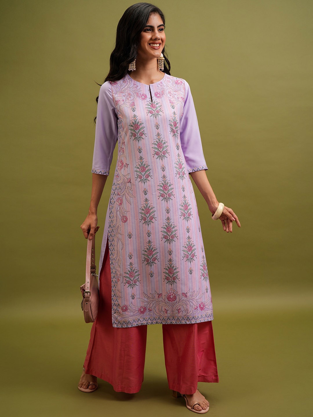 

KETCH Floral Printed Keyhole Neck Straight Kurta, Lavender