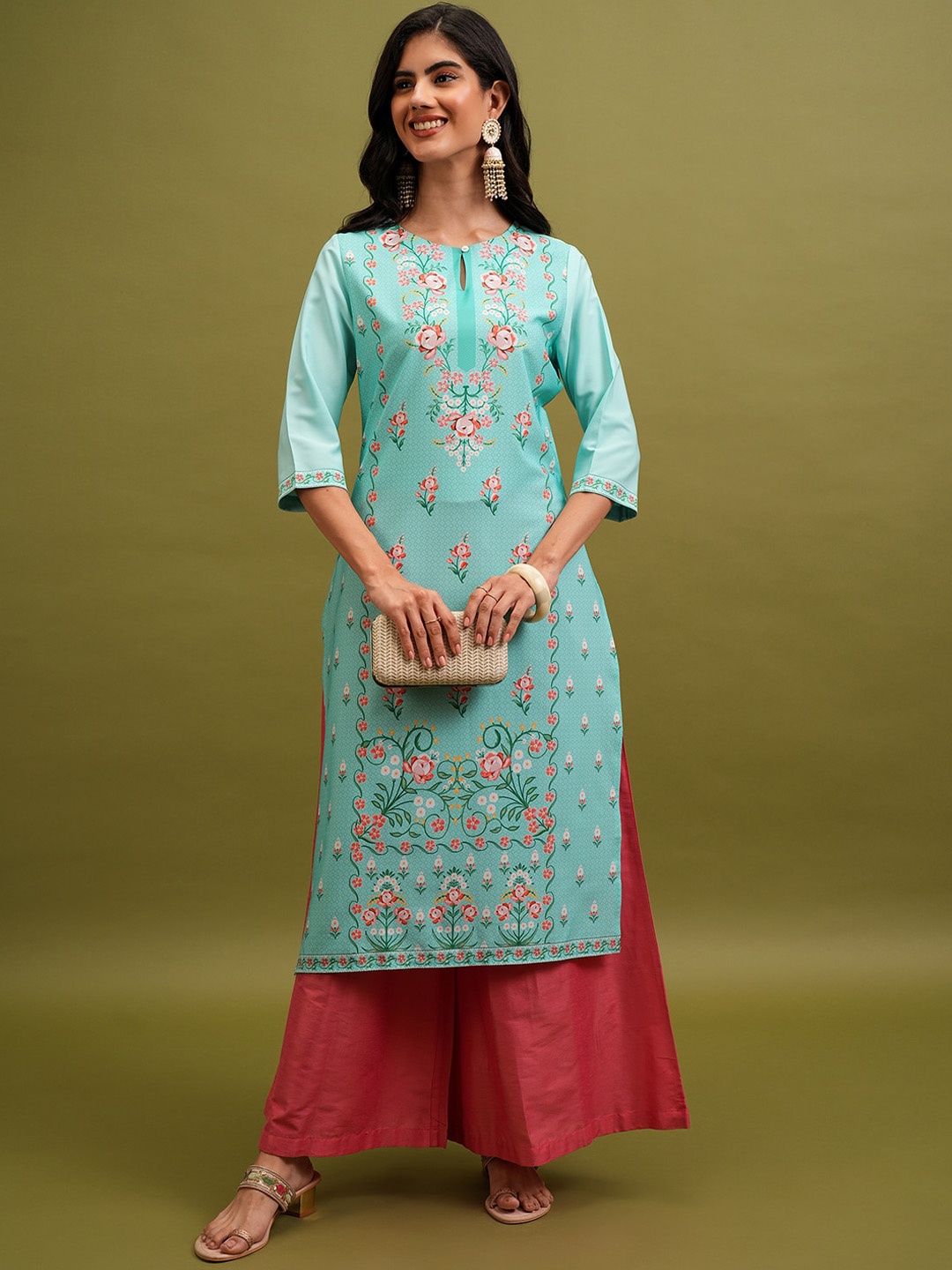 

KETCH Turquoise Blue Floral Printed Keyhole Neck Straight Kurta