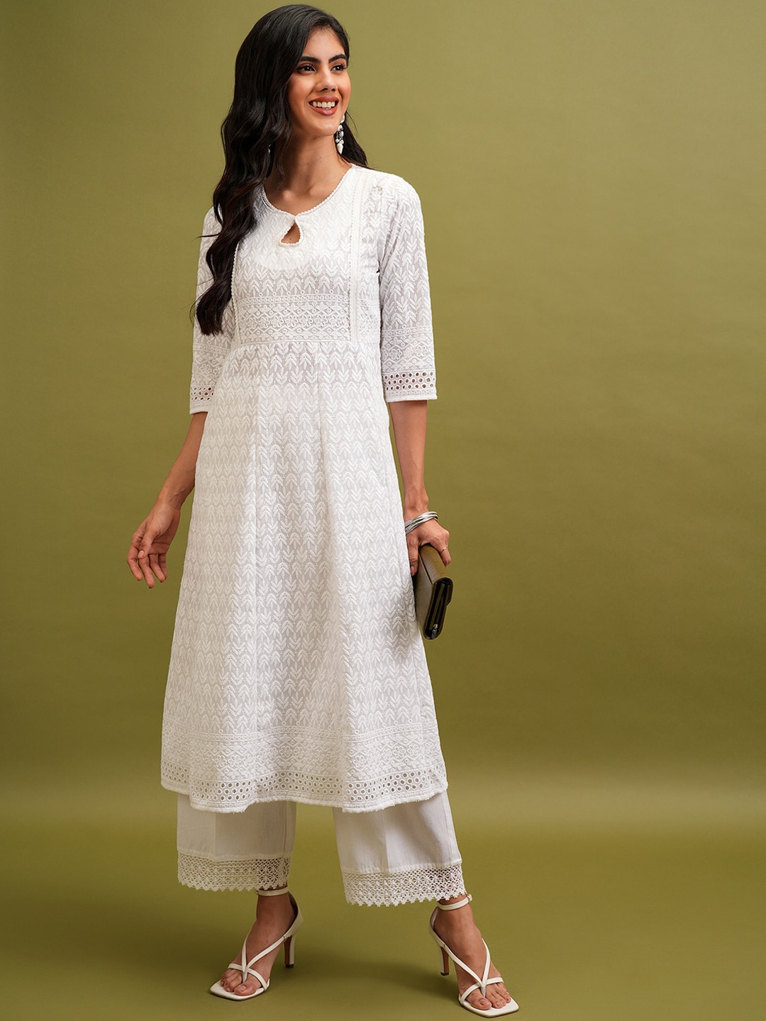 

KETCH Ethnic Motifs Embroidered Anarkali Keyhole Neck Kurta, White