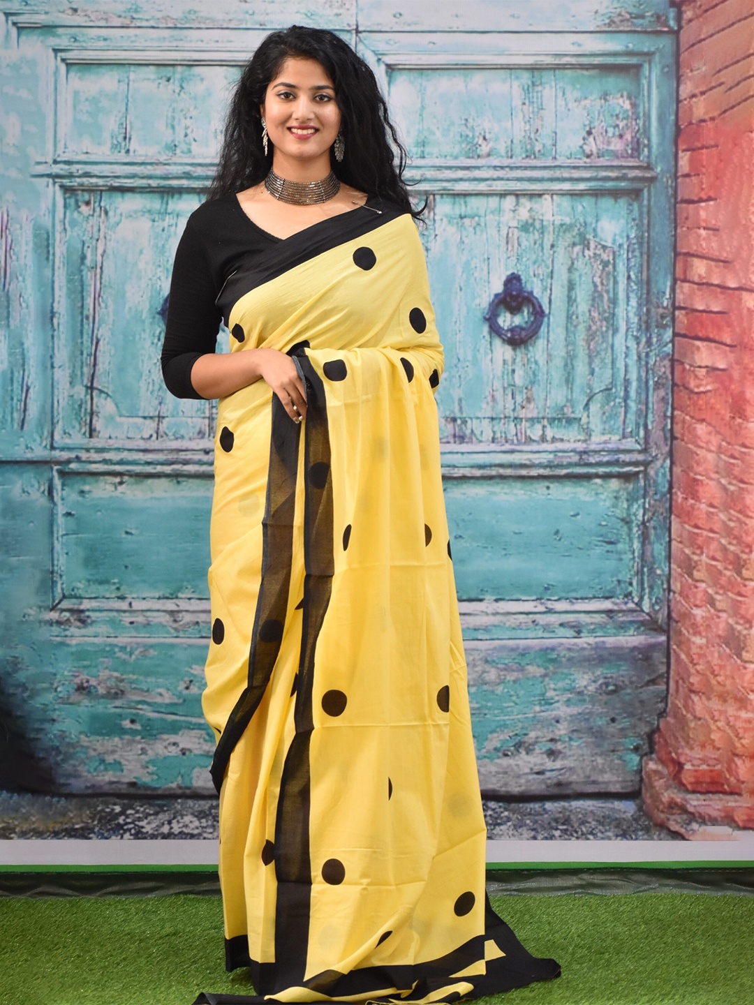 

JALTHER Polka Dots Block Print Pure Cotton Saree, Yellow