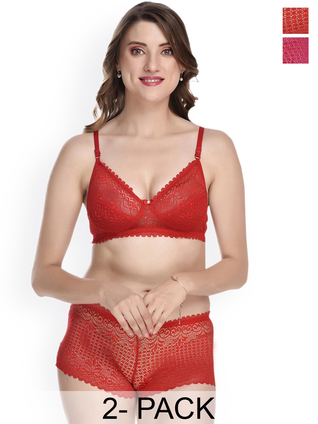 

PIBU Pack Of 2 Self Design Non Padded Breathable Cotton Lingerie Set, Red