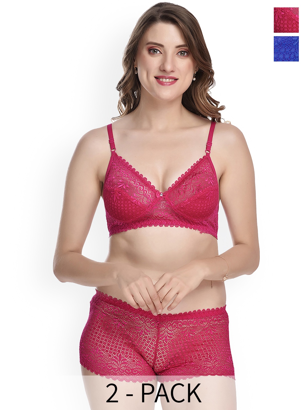PIBU Pack of 2 Self Design Laced Cotton Lingerie Set, Pink