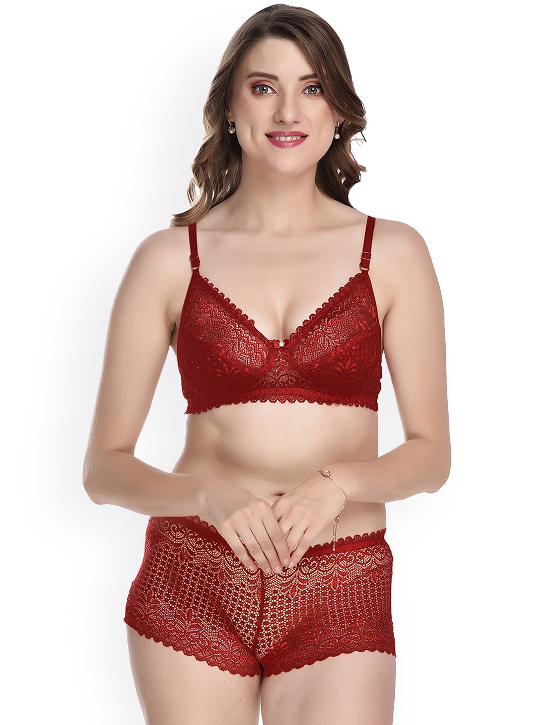 PIBU Self Design Cotton Lingerie Set, Maroon