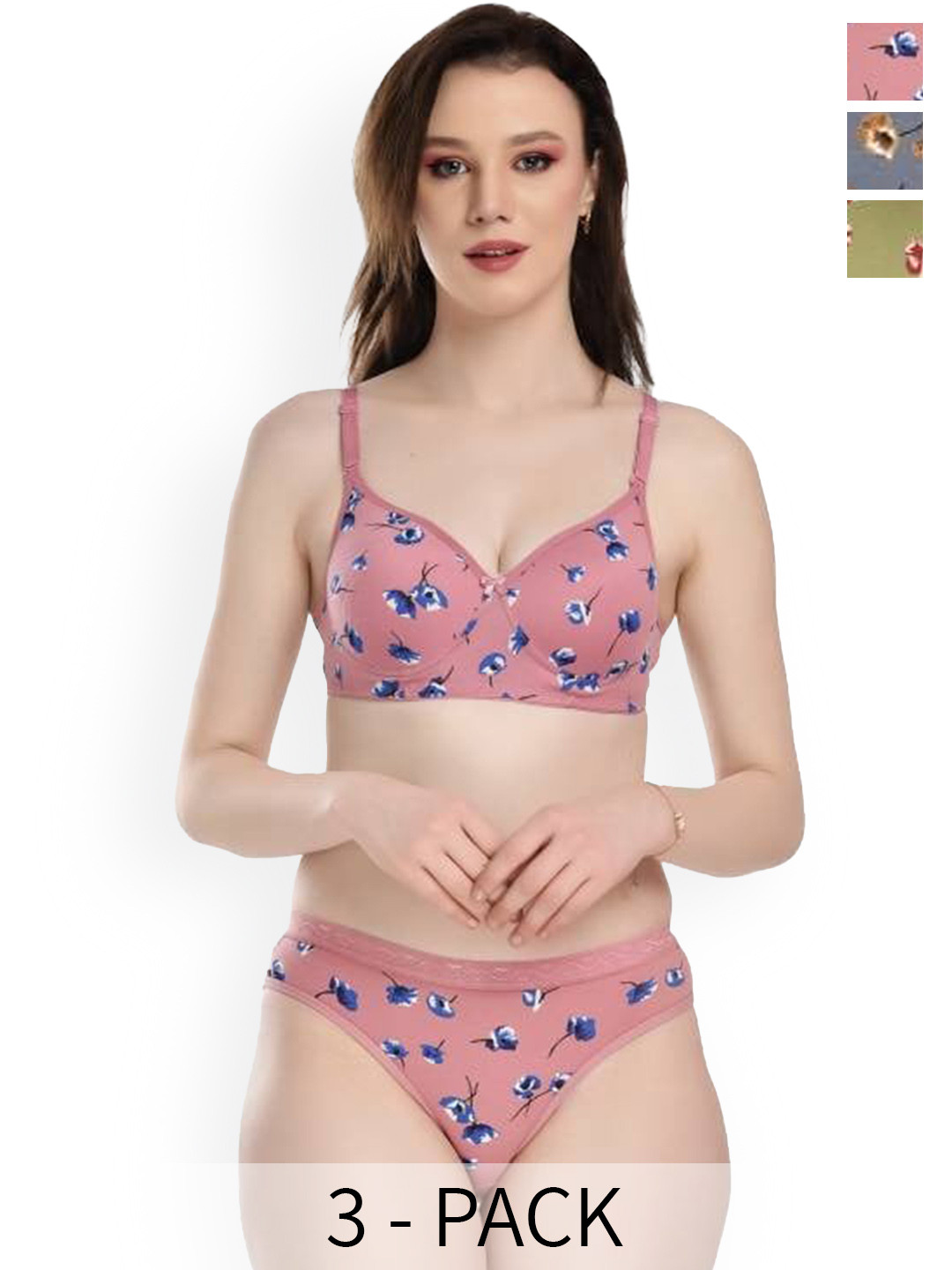 

PIBU Pack Of 3 Floral Printed Non Padded Cotton Lingerie Set, Pink