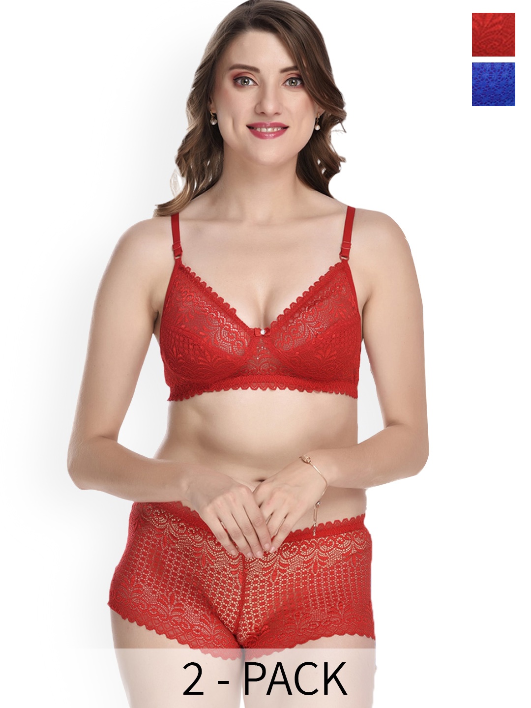 

PIBU Pack of 2 Self Design Laced Cotton Lingerie Set, Red