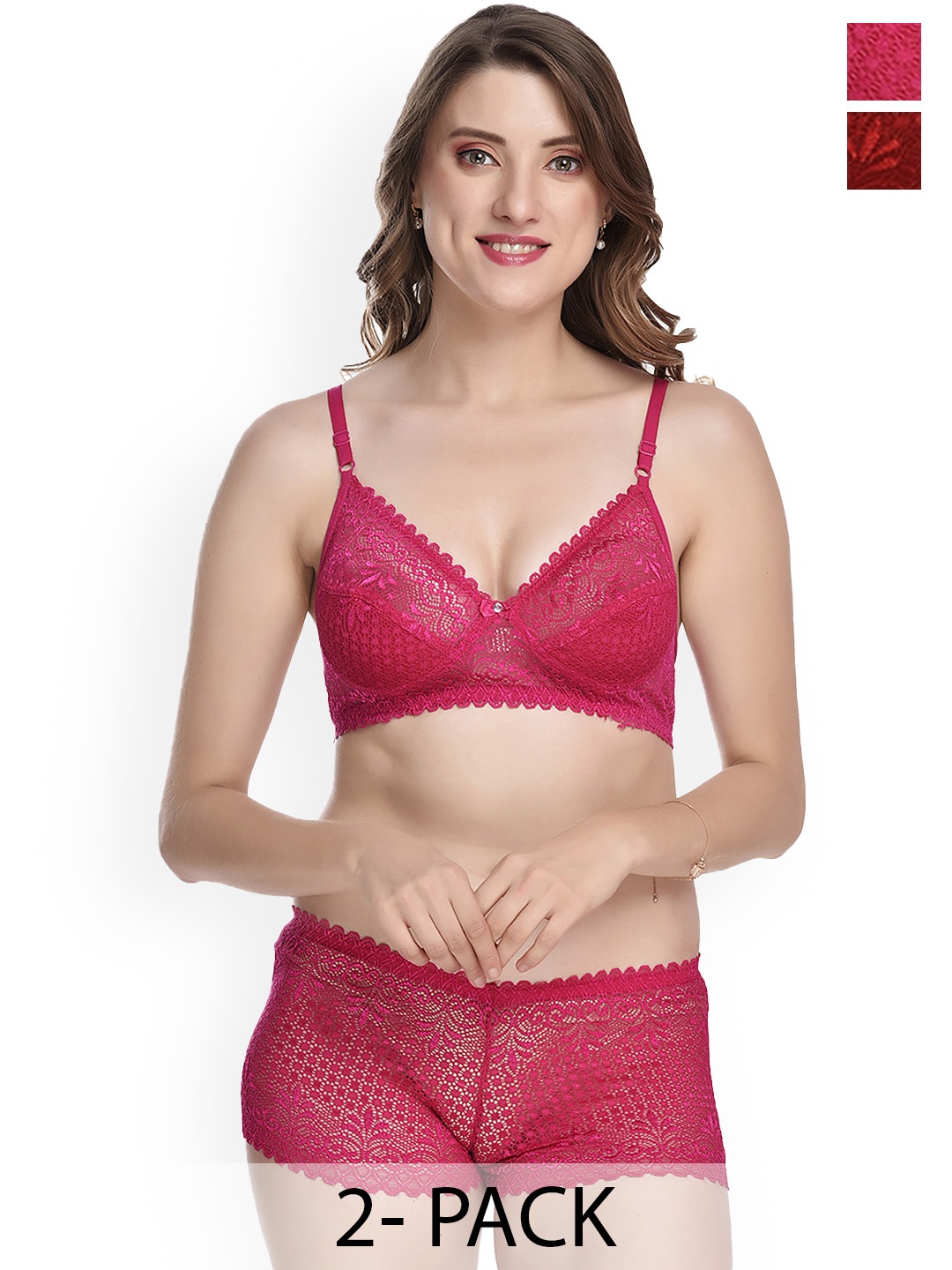 

PIBU Pack of 2 Self Design Laced Cotton Lingerie Set, Pink