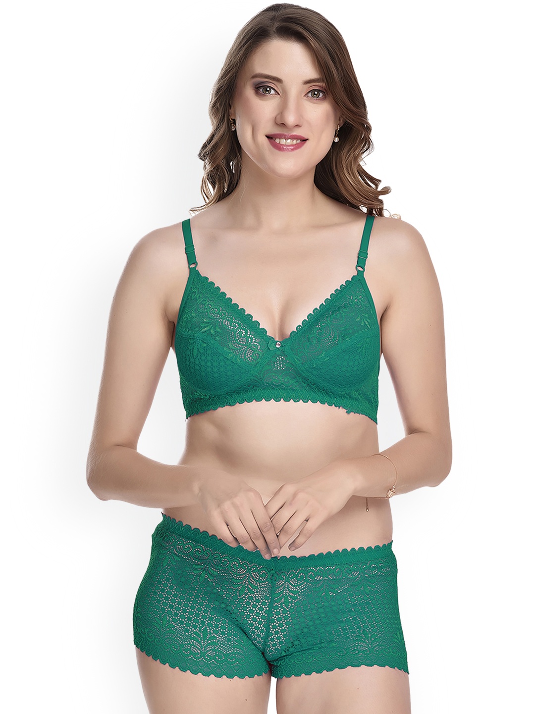 

PIBU Self Design Laced Cotton Lingerie Set, Green