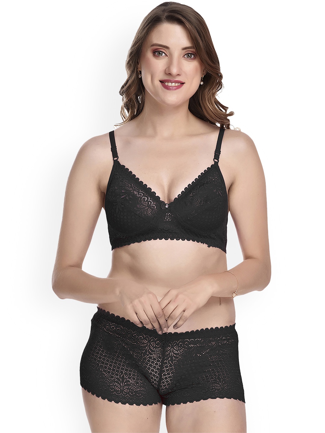PIBU Self Design Laced Cotton Lingerie Set, Black