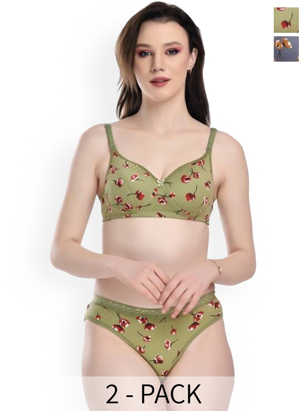 PIBU Pack of 2 Printed Cotton Lingerie Set, Green
