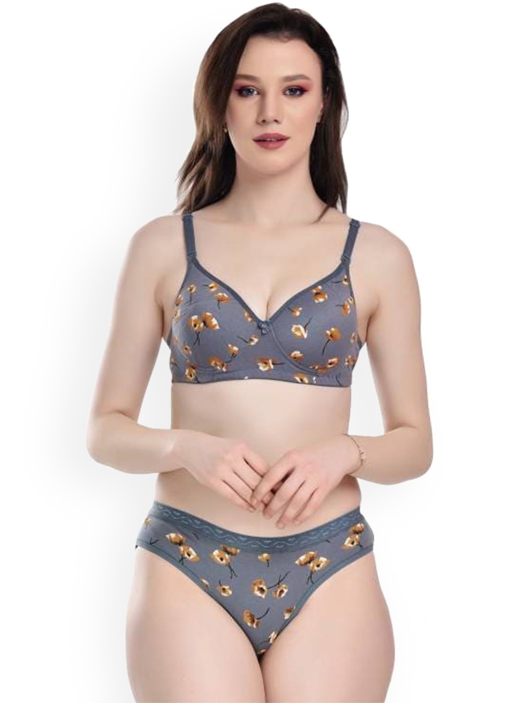PIBU Floral Printed Cotton Lingerie Set, Blue