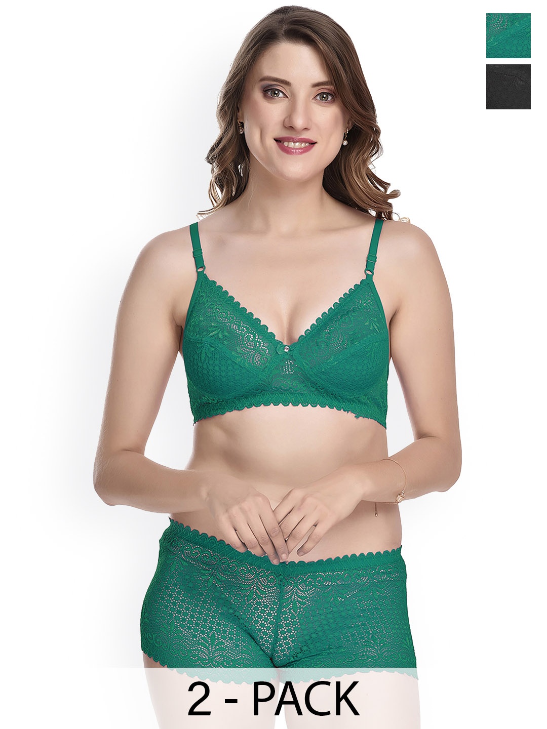 PIBU Pack of 2 Self Design Laced Cotton Lingerie Set, Green